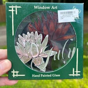 AMIA July Birth Flower Water Lily Hand Painted Glass Suncatcher Window Art 6"